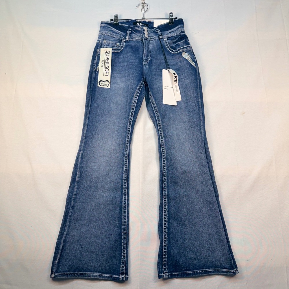 Sky Premium Collection Super Soft Flare Jeans Heart Wing Rhinestone Blue 13/31